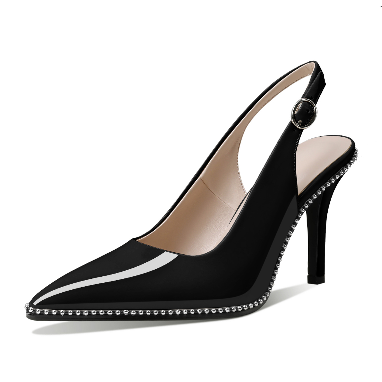 Black SAMMITOP 3.5" Slingback Heels with Silver Beads and Pointed Toe

