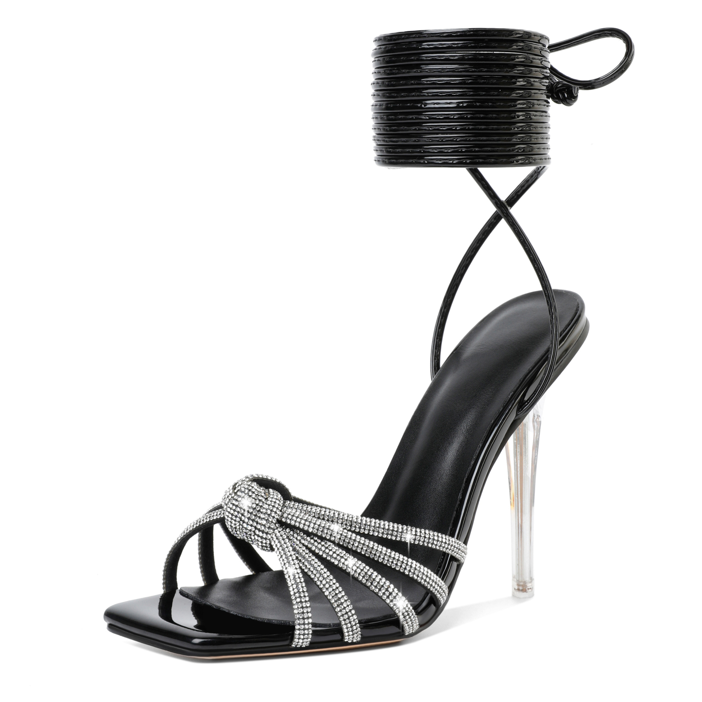 Black clear‑strap square‑toe stilettos front view