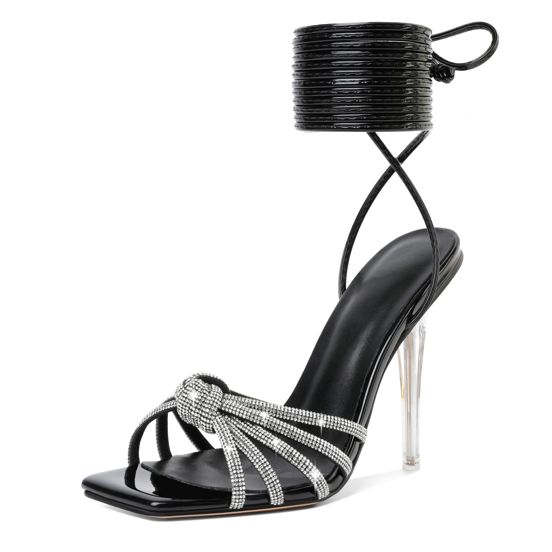 Black clear‑strap square‑toe stilettos front view