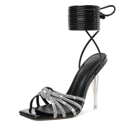 Black clear‑strap square‑toe stilettos front view