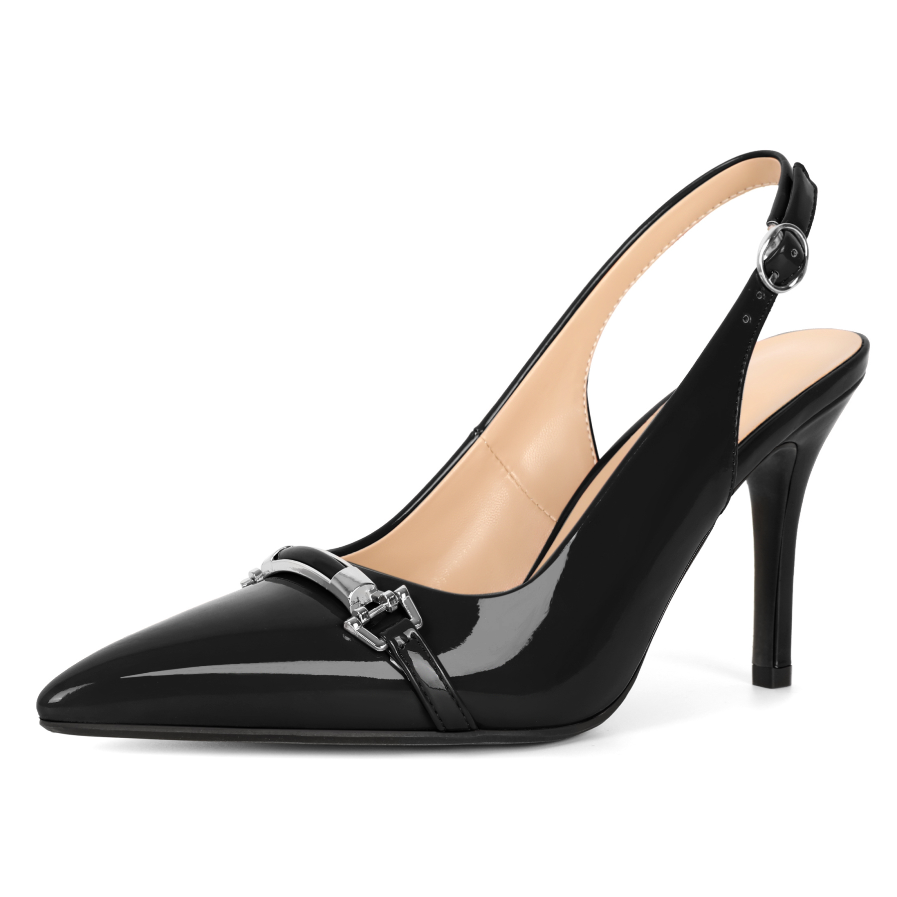 SAMMITOP black slingback stiletto heels with pointed toe and silver buckle strap