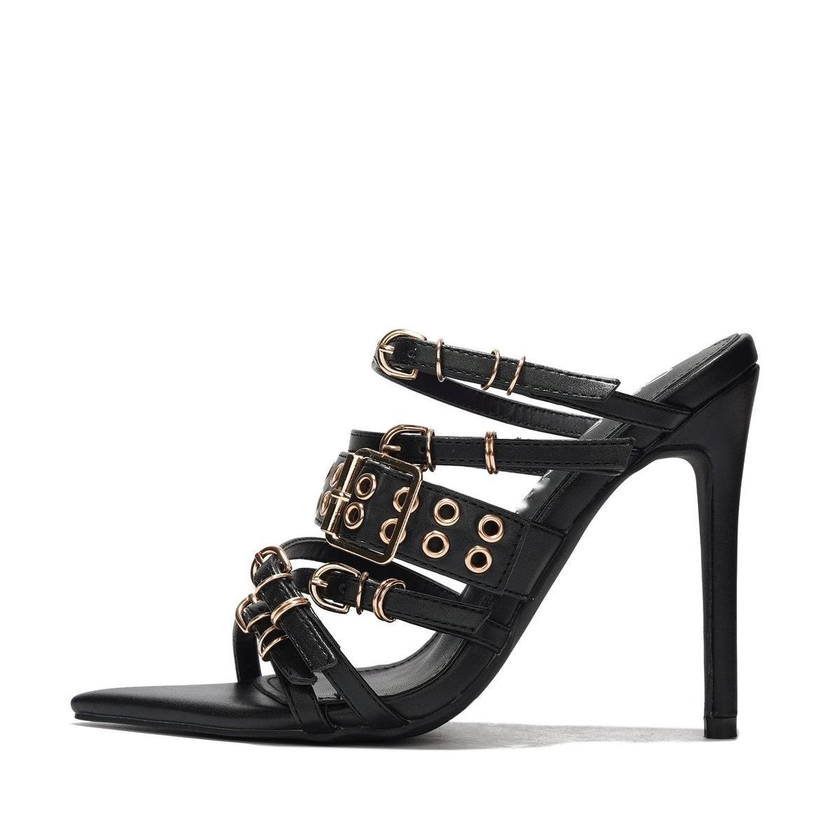 SAMMITOP 4" Denim Studded Buckle Mule Heels 