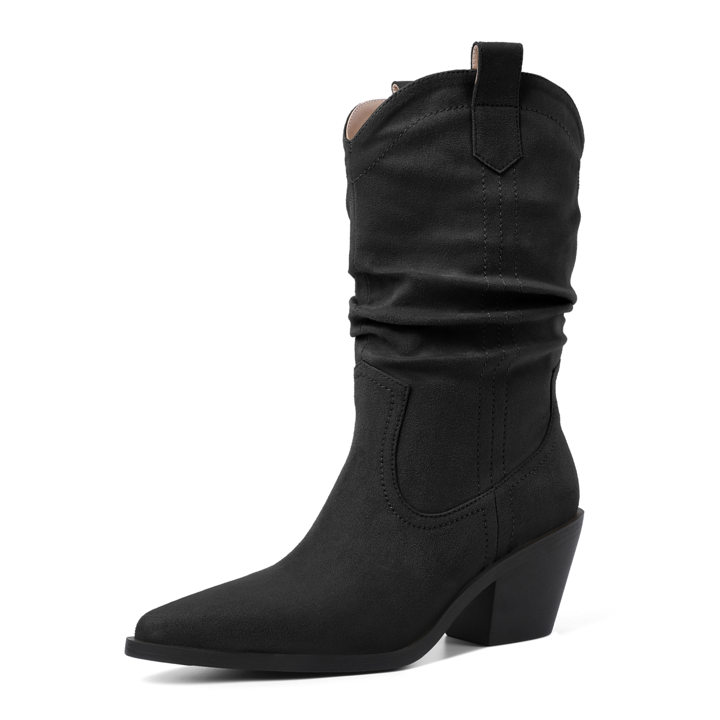 SAMMITOP Black Slouchy Mid Calf Western Cowboy Boots for Women