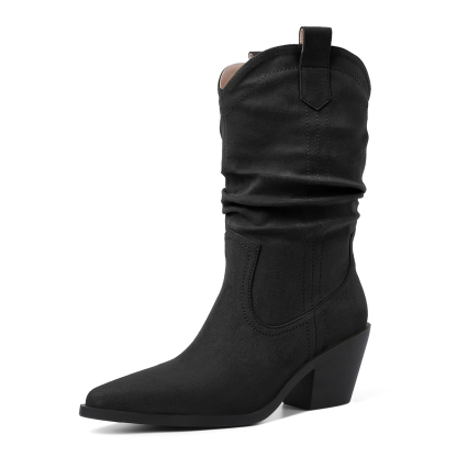 SAMMITOP Black Slouchy Mid Calf Western Cowboy Boots for Women