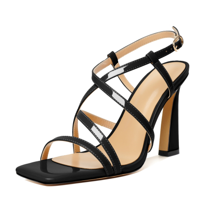 SAMMITOP Black Strappy Stiletto Heels with Open Square Toe