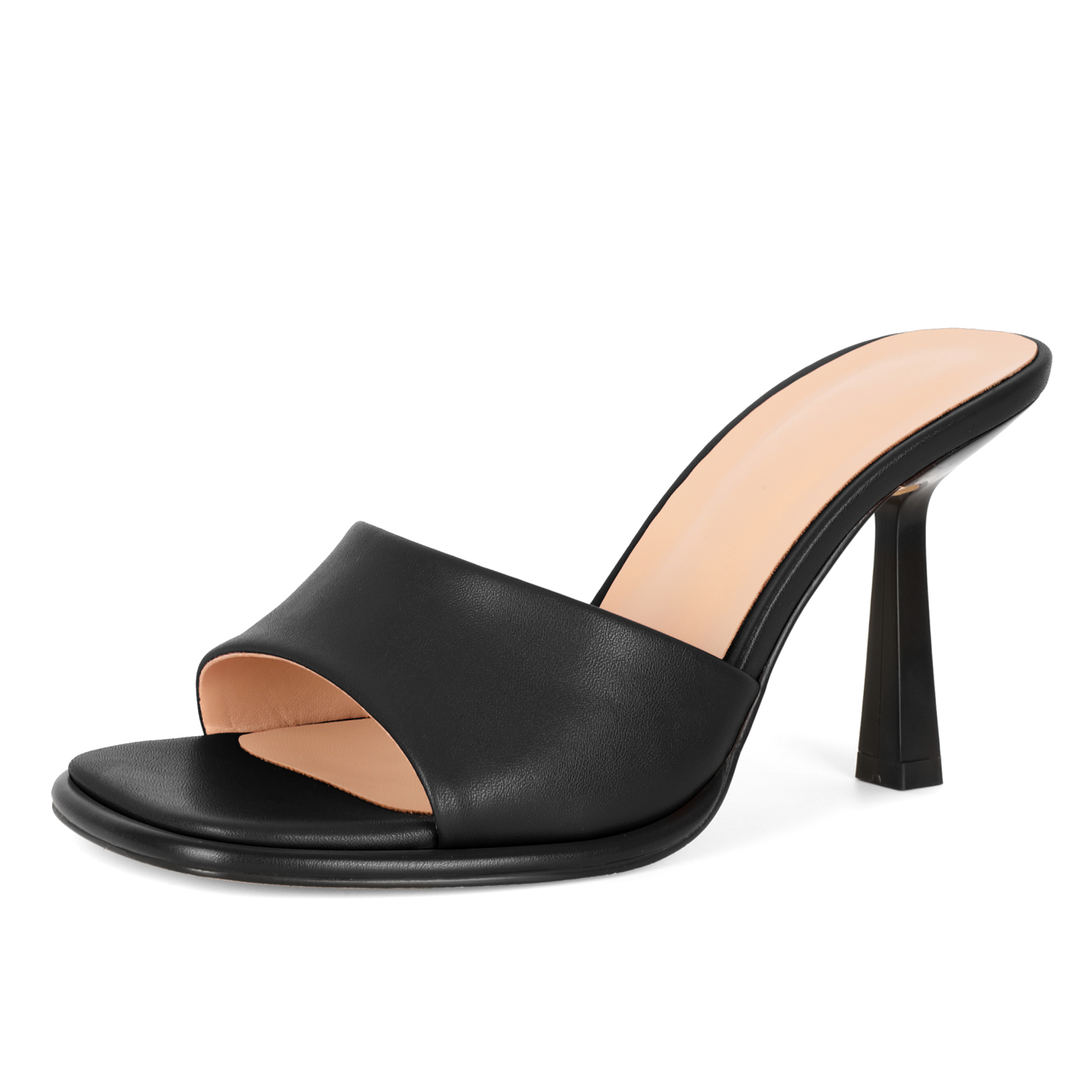 Black slip-on slide sandals with 3.5 inch heel close-up