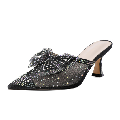SAMMITOP 2.5'' Black Rhinestone Bow Mesh Kitten Heel Mules 