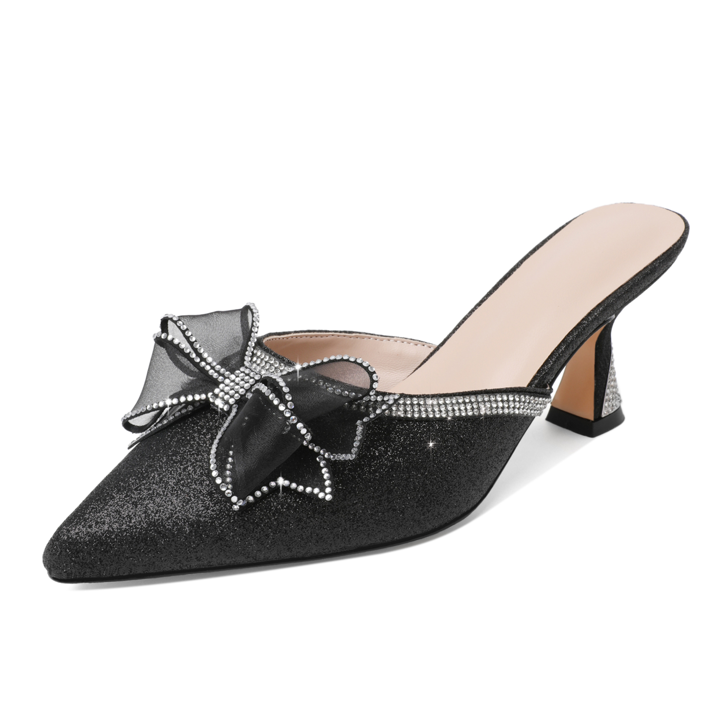 SAMMITOP 2.5'' Rhinestone Bow Glitter Kitten Heel Mules 