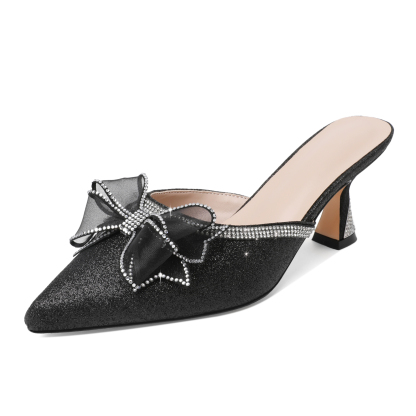 SAMMITOP 2.5'' Rhinestone Bow Glitter Kitten Heel Mules 