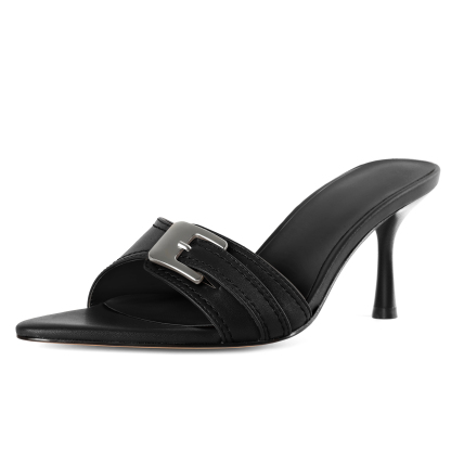 Black pointed toe mules with silver buckle and mid heel