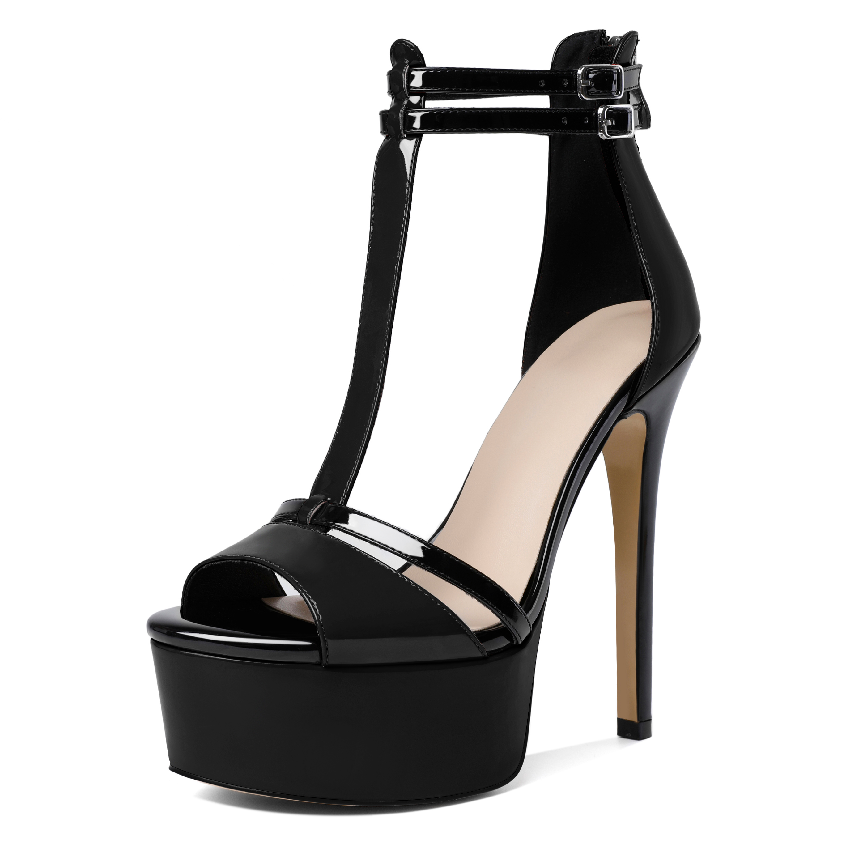 SAMMITOP black cork heel T-strap open toe mules for women