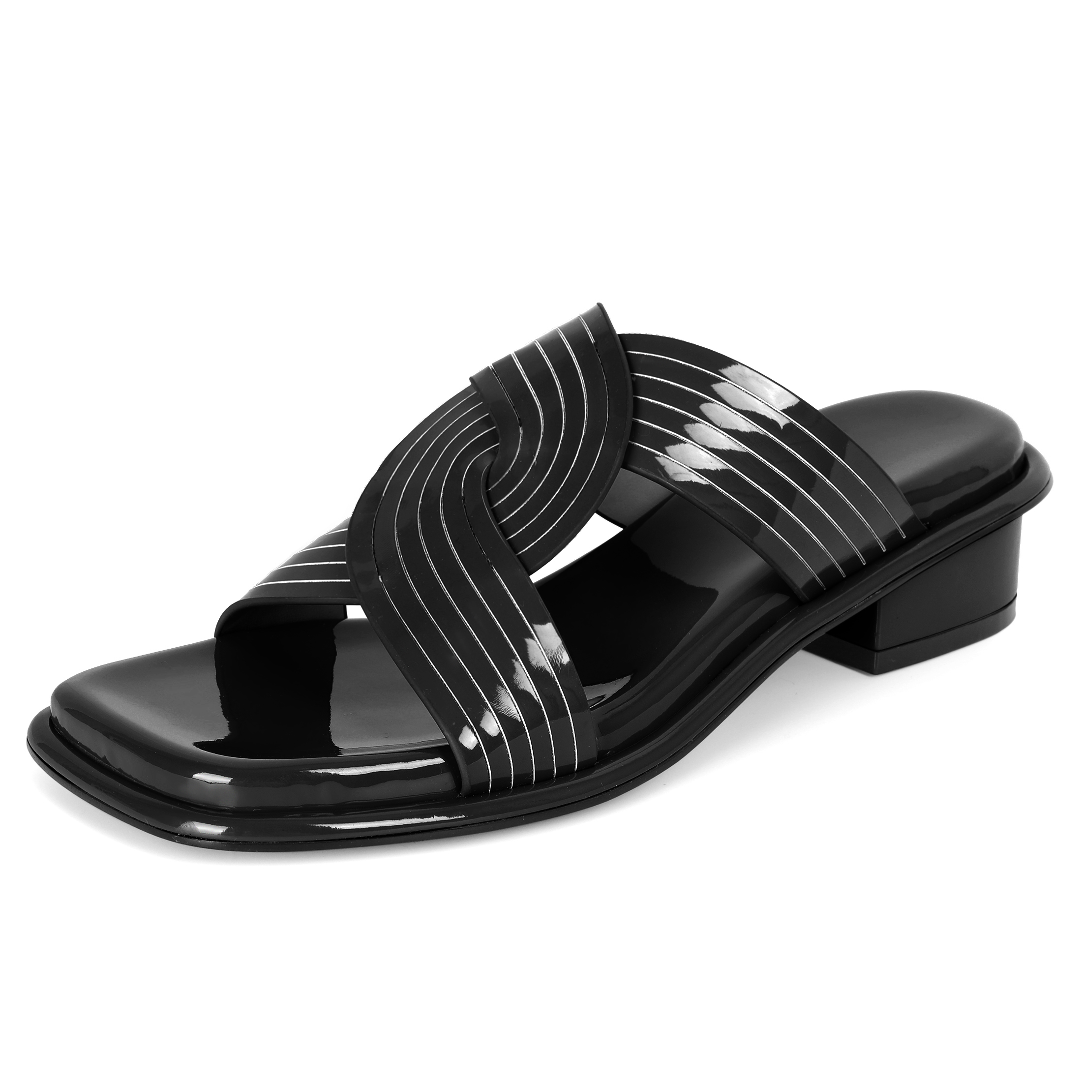 Black cross-strap mules with square open toe and low block heel