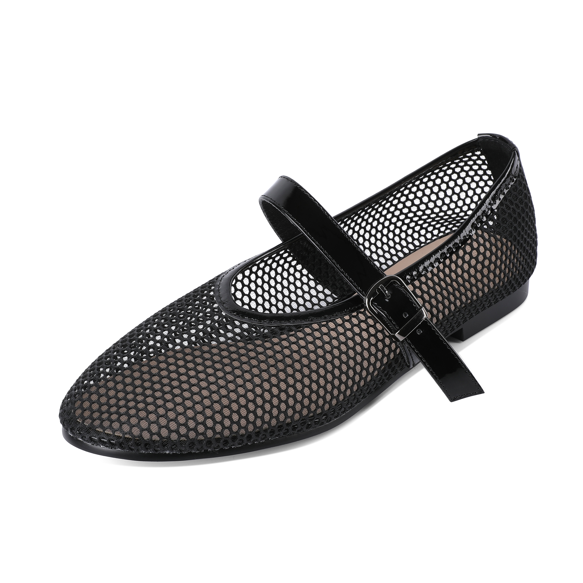 Glossy Black Mesh Mary Jane Flats with Patent Trim and Buckle