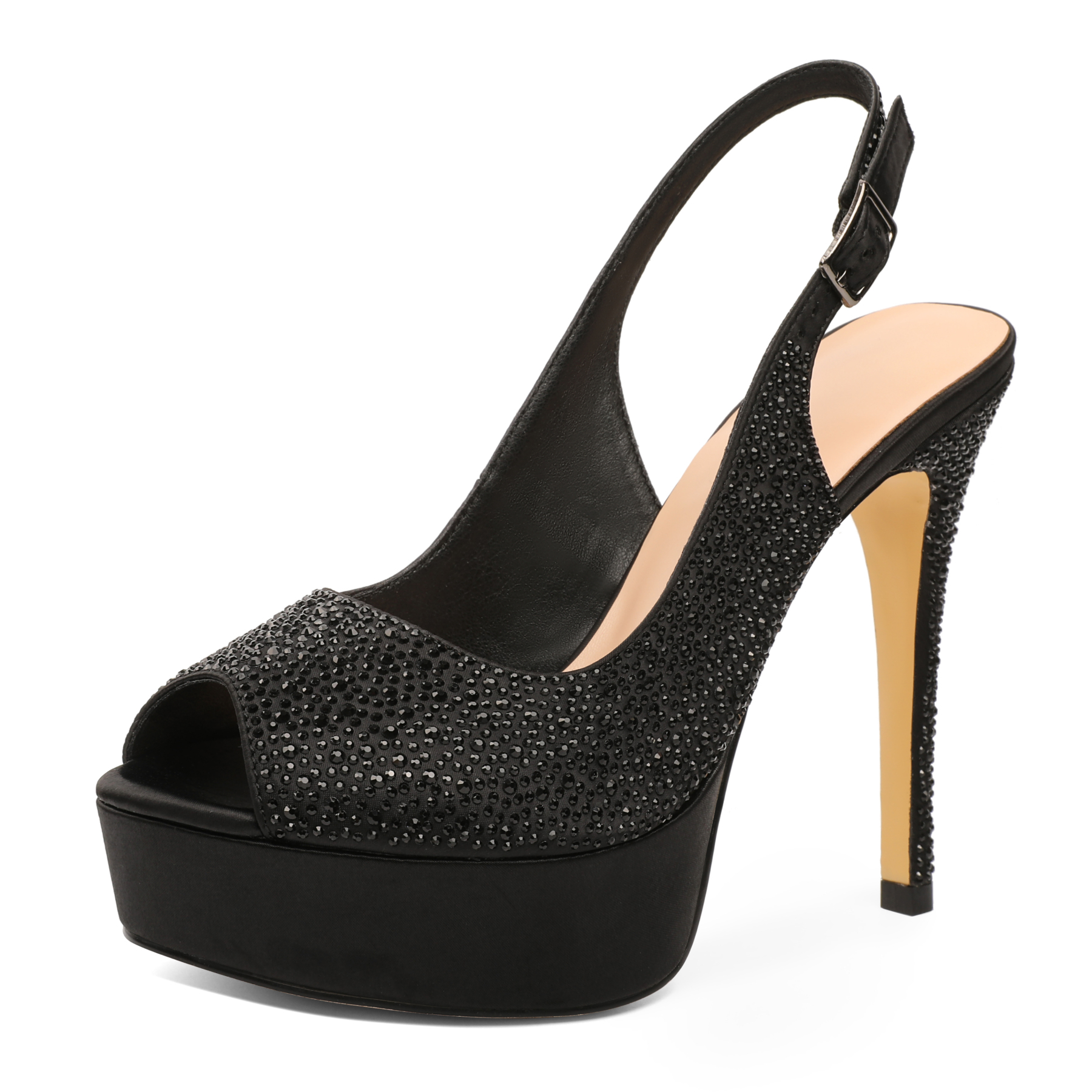 Sleek black peep-toe slingback heels with stiletto platform