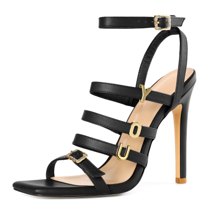 SAMMITOP 4 Inch Ankle Strap Classic black stiletto strappy sandals with open toe