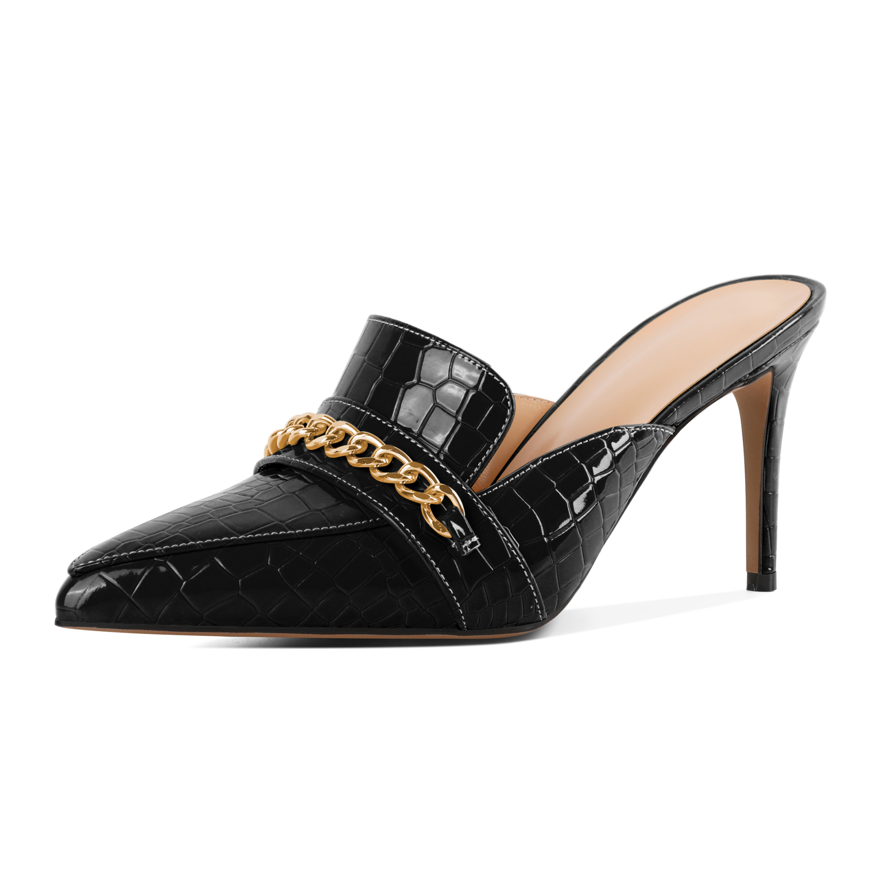 SAMMITOP Chain Pointed Toe Mules – Slip-On Loafer Heels for Women