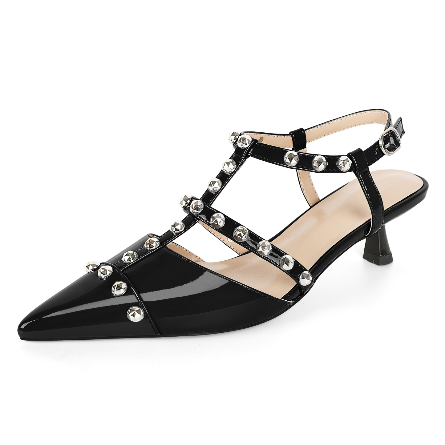 SAMMITOP 2 Inch Classic black pointed toe slingback with silver stud accents