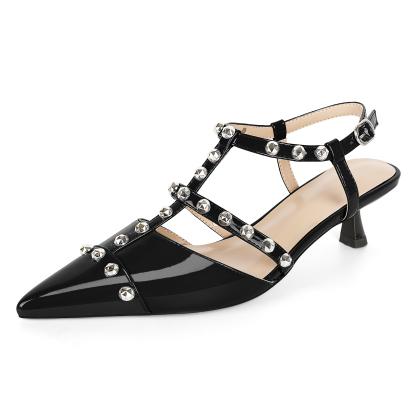 SAMMITOP 2 Inch Classic black pointed toe slingback with silver stud accents