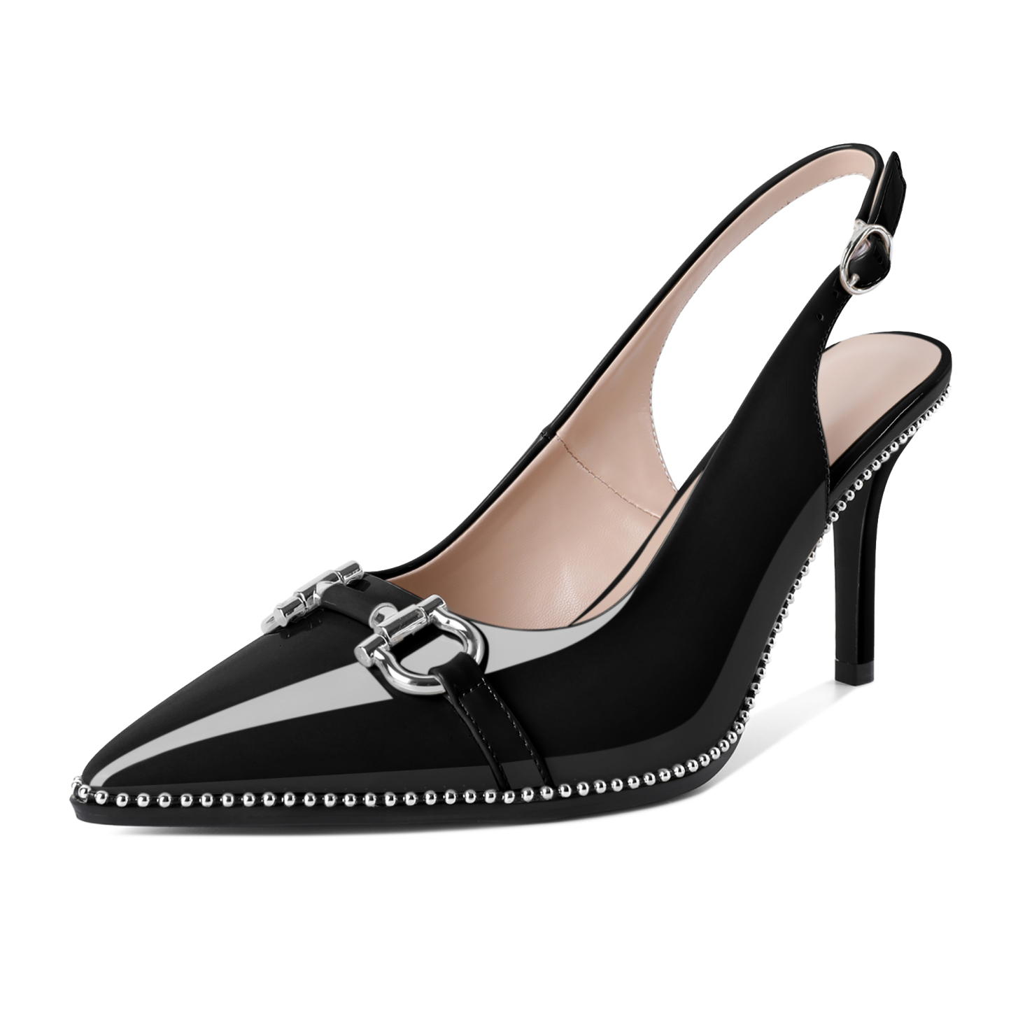 Women's black slingback stiletto heels with silver bead detail and pointed toe design