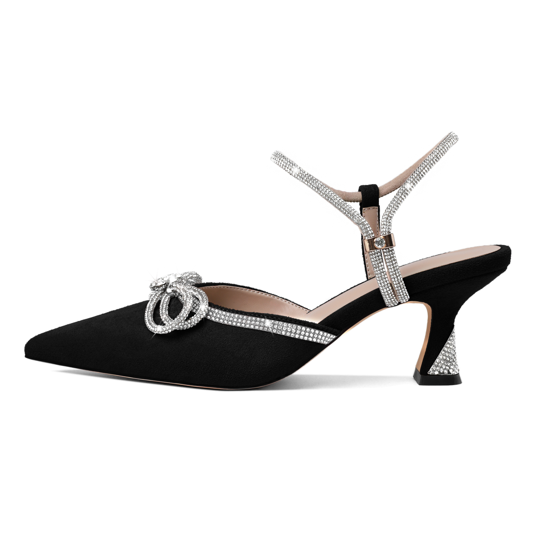 Side View of SAMMITOP Rhinestone Bow Low Heel Pumps on Woman’s Feet