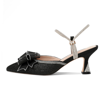 Side View of Adjustable Ankle Strap and Low Heel on Rhinestone Bow Heels