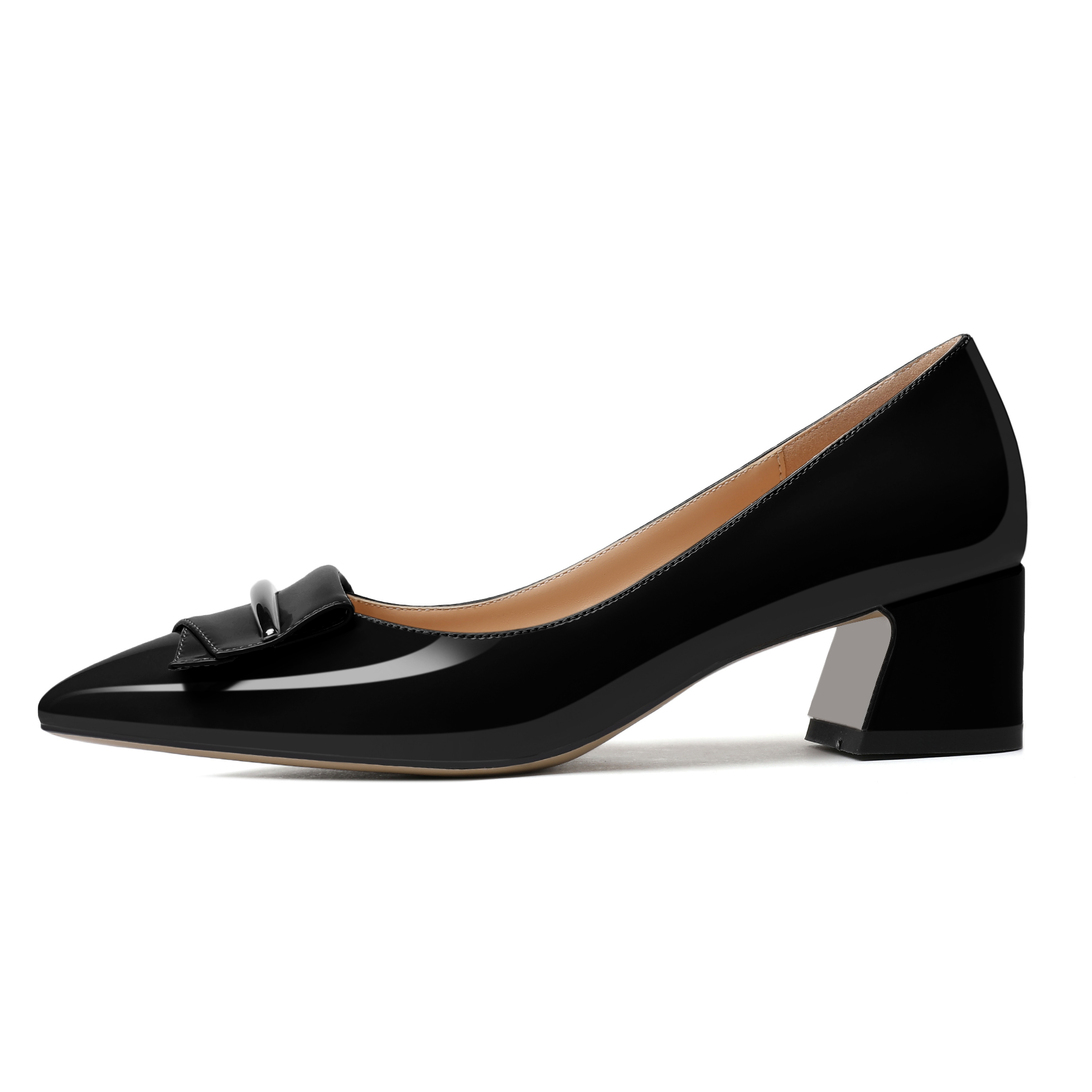 Side view of pointed toe block heel pump showing sleek silhouette