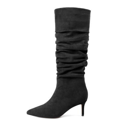 SAMMITOP Slouchy Knee High Boots Mid Calf Boots Kitten Heel Pointed Toe Pull On Long Boots 