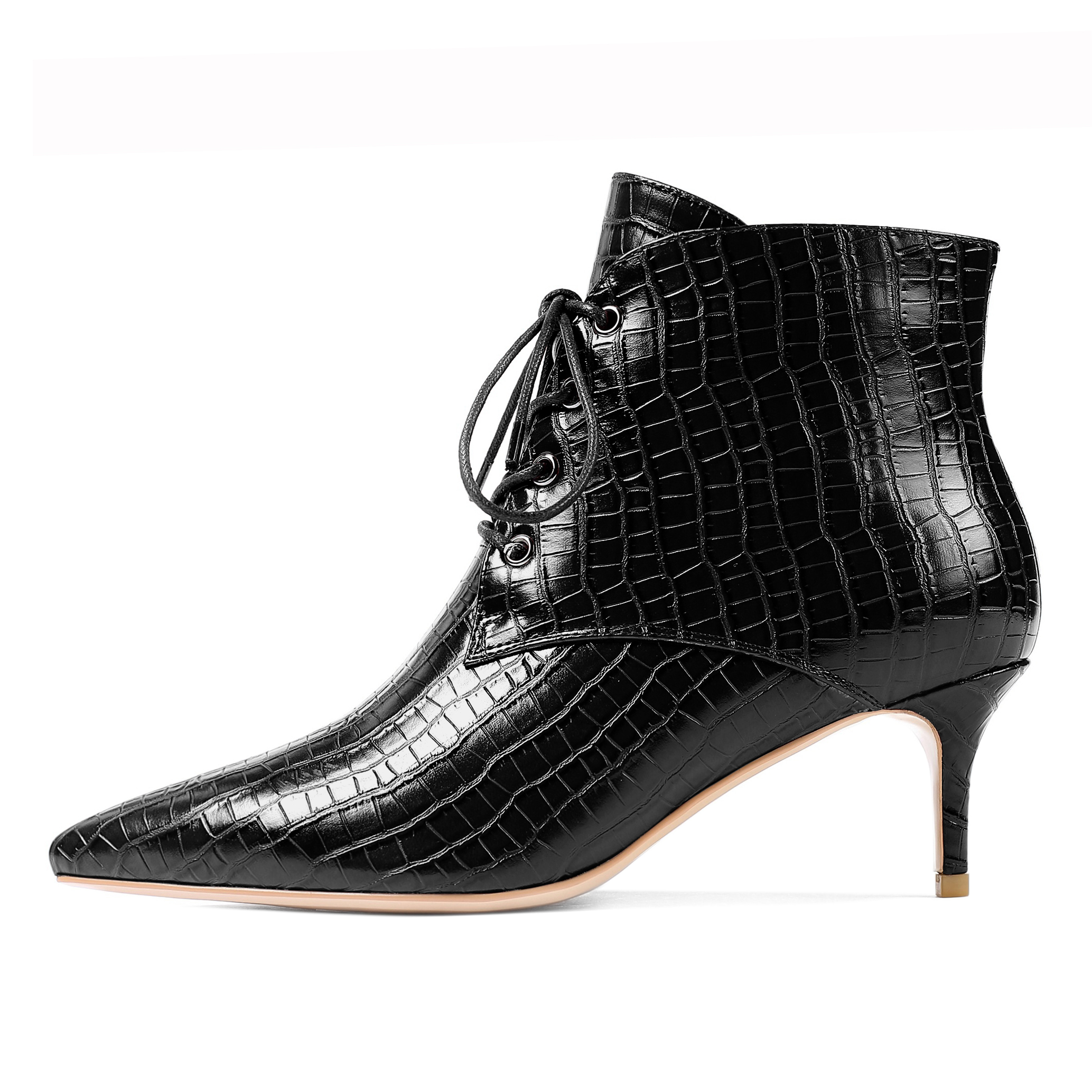 Side profile of SAMMITOP croc-textured kitten heel boots in sleek silhouette