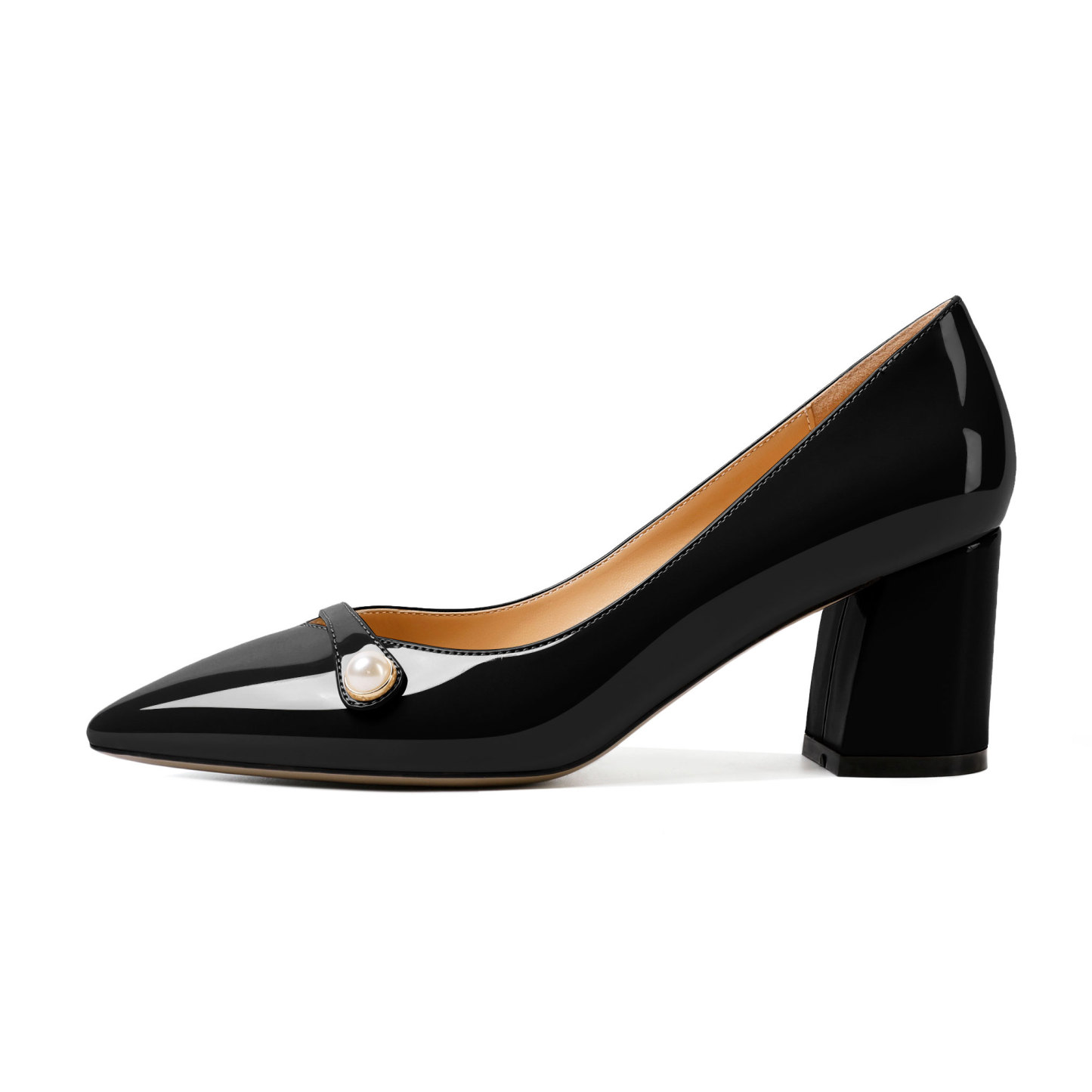 Side profile of slip-on pearl pumps with 2.5-inch mid block heel – SAMMITOP