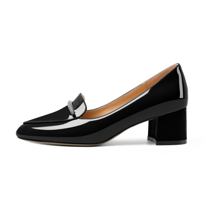 Side view of slip-on loafers highlighting 2-inch block heel

