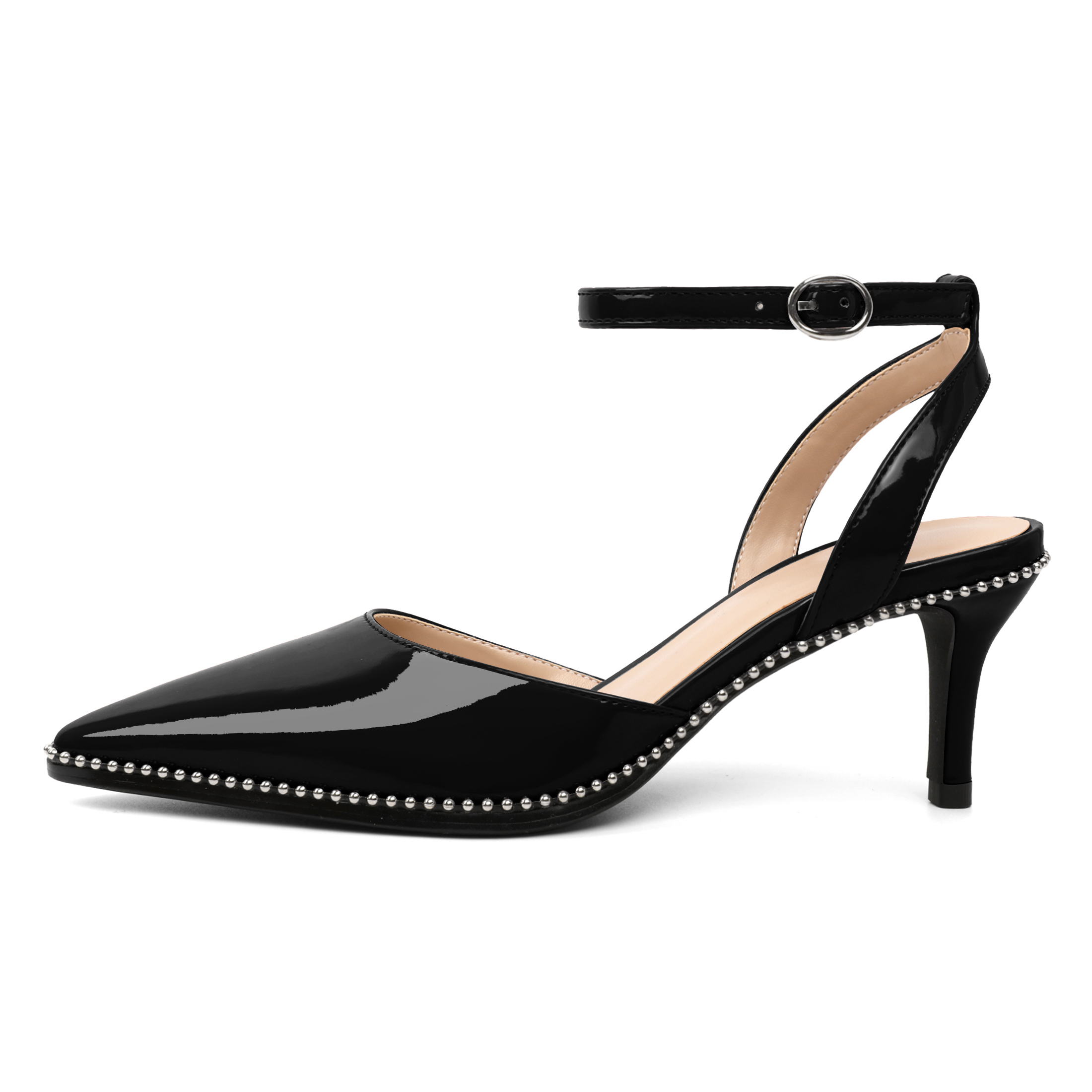 Side profile of 2.4 inch kitten heel and wrap ankle strap in red