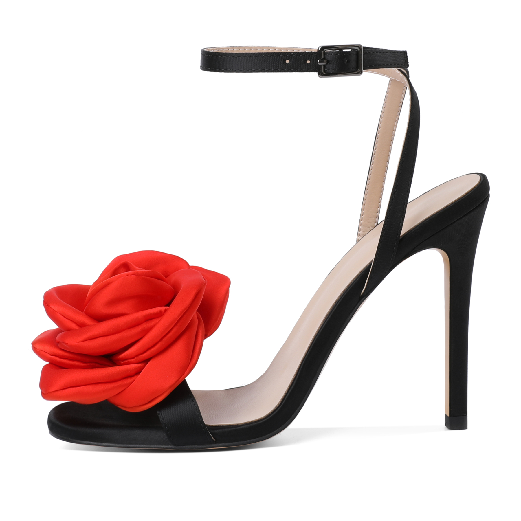 SAMMITOP 3D Rose Side angle of rose embellished high heel with ankle strap