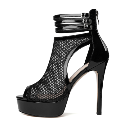 Side angle highlighting the 14cm heel and see-through fishnet upper