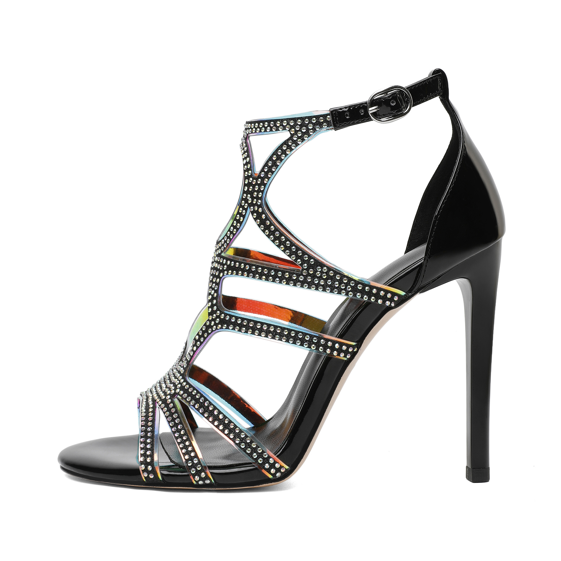 SAMMITOP 4 Inch Sparkly Stiletto Sandals Side profile showing stiletto height and rhinestone straps