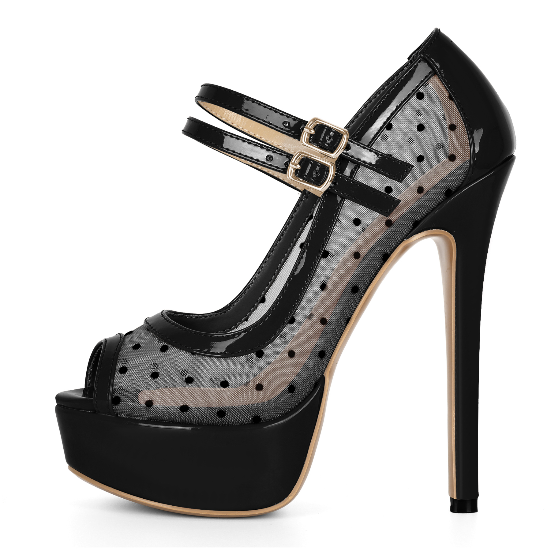 SAMMITOP 5.9 Inch Side profile of polka dot mesh stiletto with platform and double ankle strap