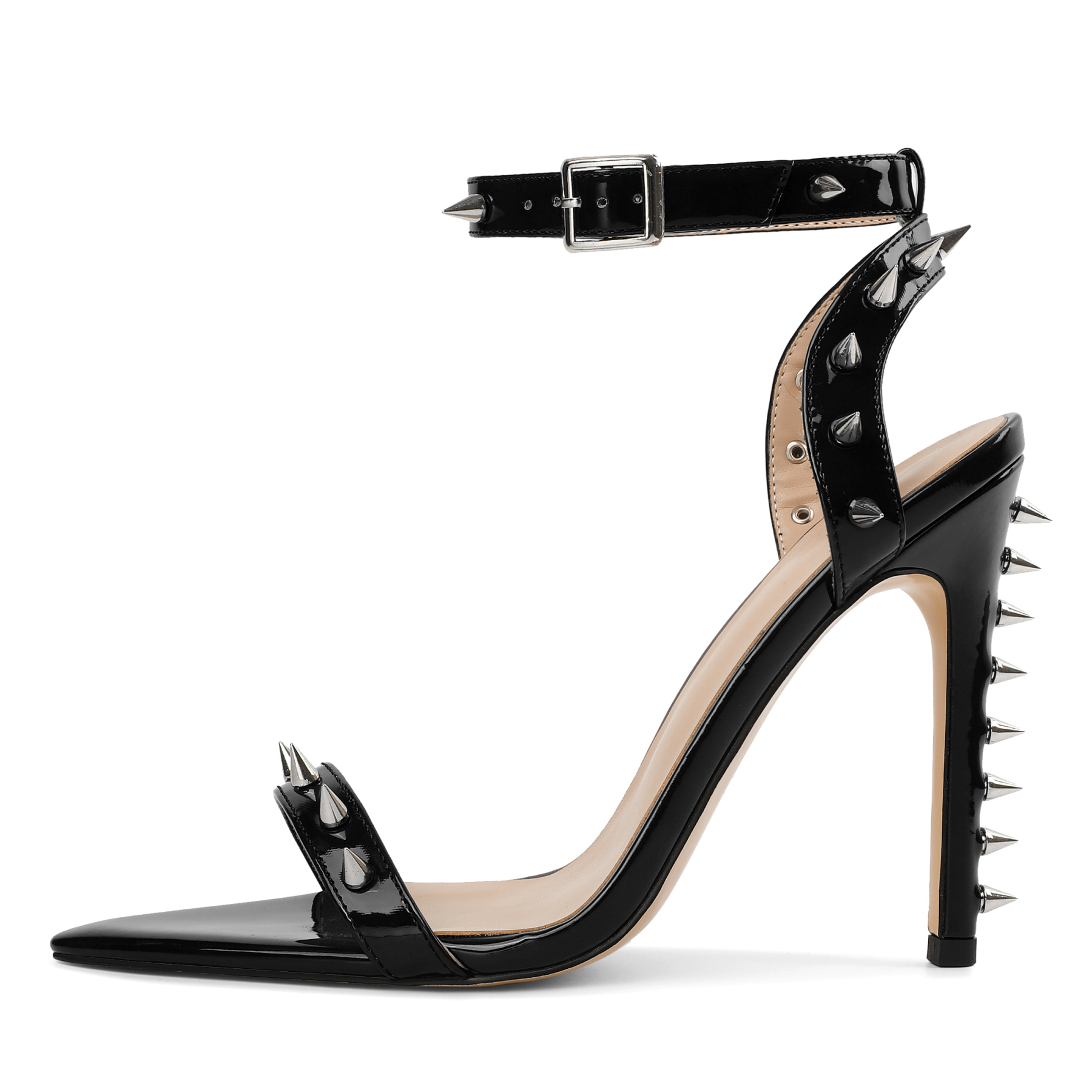 Side view of SAMMITOP Patent Silver Cone Stud Ankle-Strap Sandals