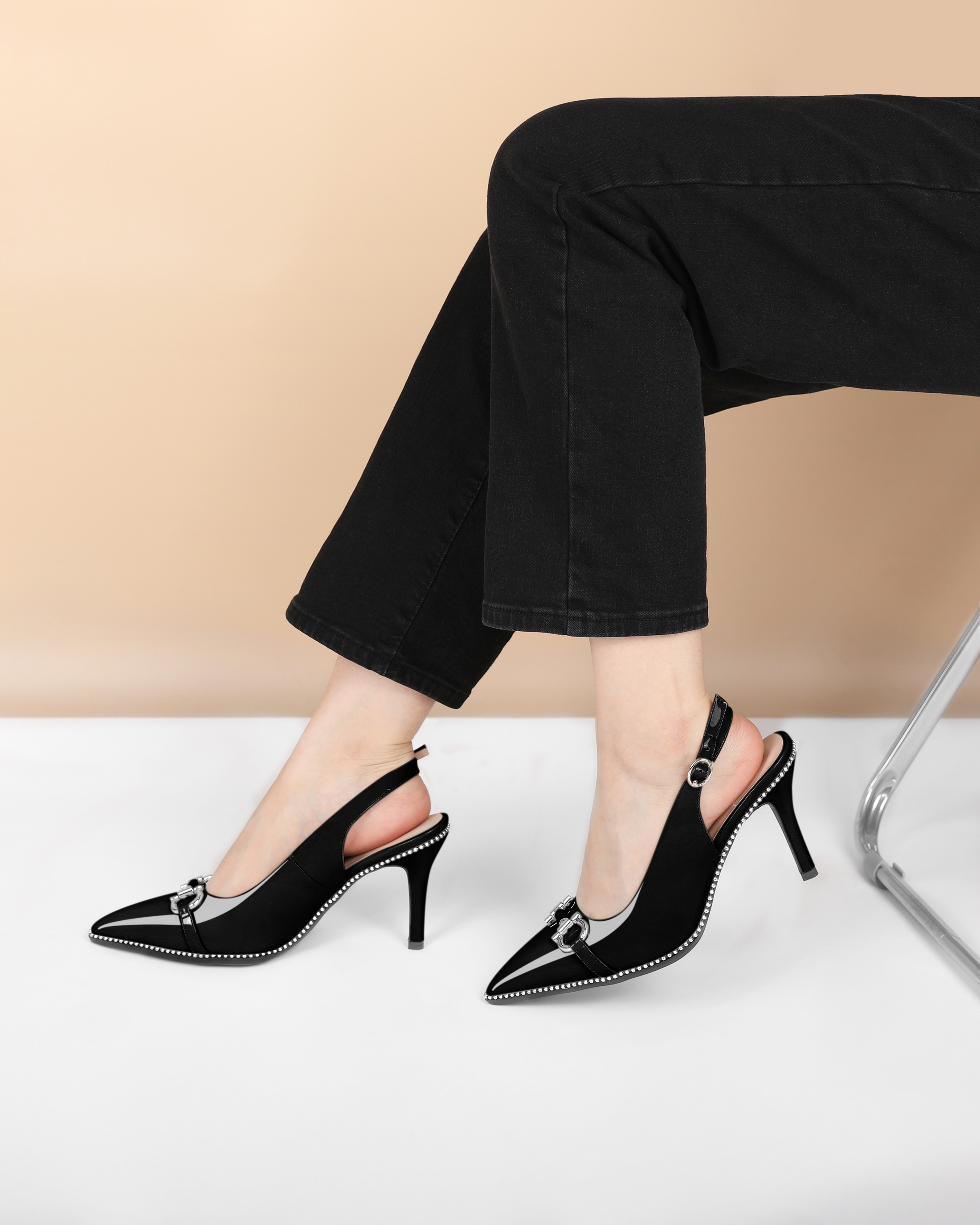 Sammitop Women Beaded Pumps High Heel Slingback Pointed Toe Slip On Stilettos Ankle Strap Adjustable Buckle 3.5 Inch Dress Shoes Patent Leather