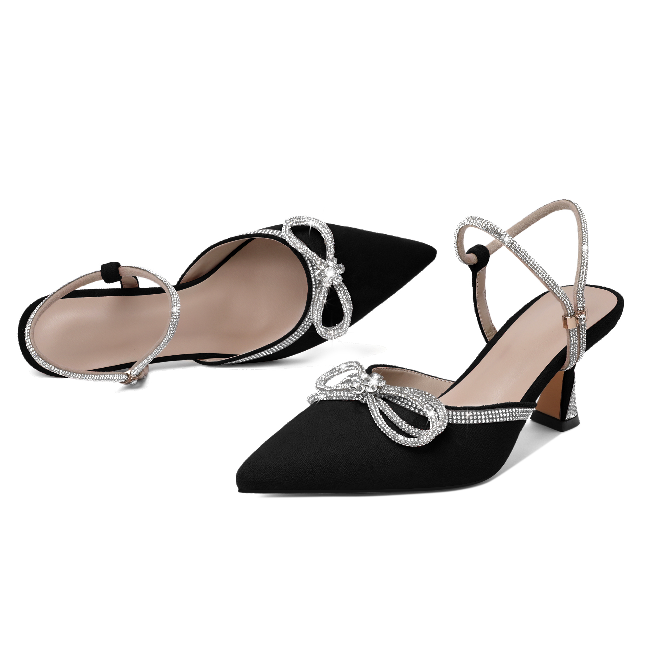 Woman Wearing SAMMITOP Rhinestone Bow Low Heel Pumps Showing Front View