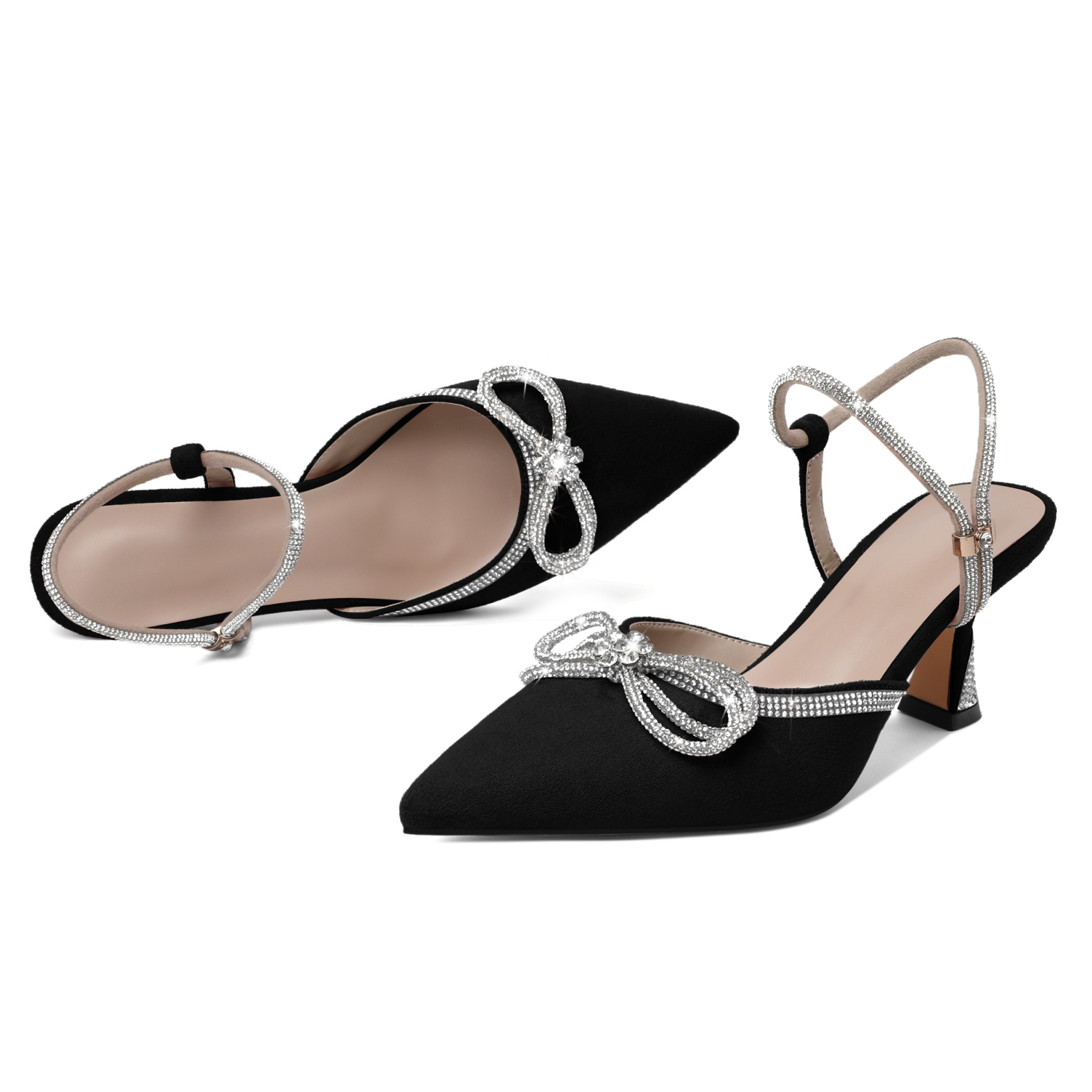 Woman Wearing SAMMITOP Rhinestone Bow Low Heel Pumps Showing Front View