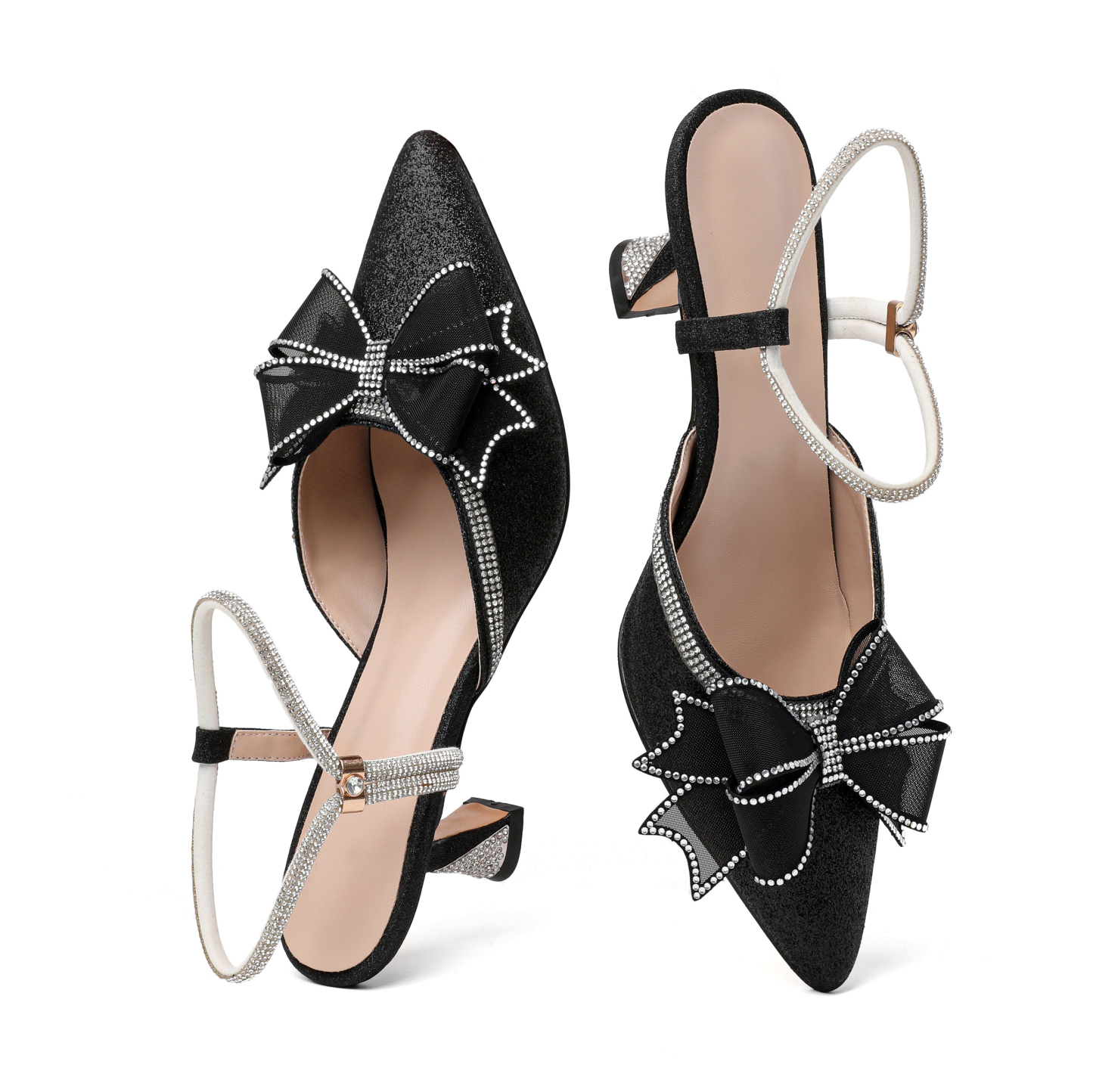 Close-up of Rhinestone Bow Detail on Heel of SAMMITOP Pumps