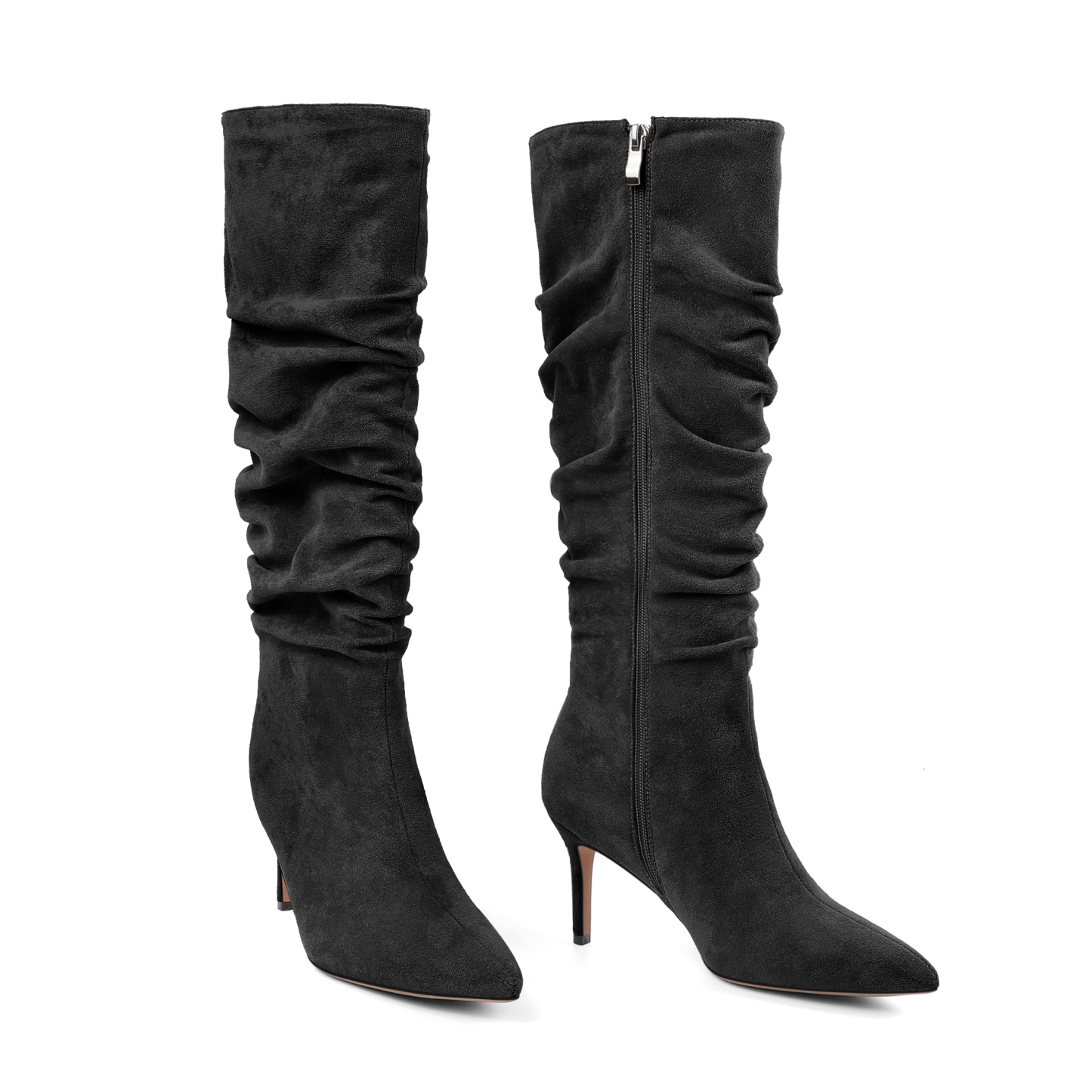 SAMMITOP Slouchy Knee High Boots Mid Calf Boots Kitten Heel Pointed Toe Pull On Long Boots 