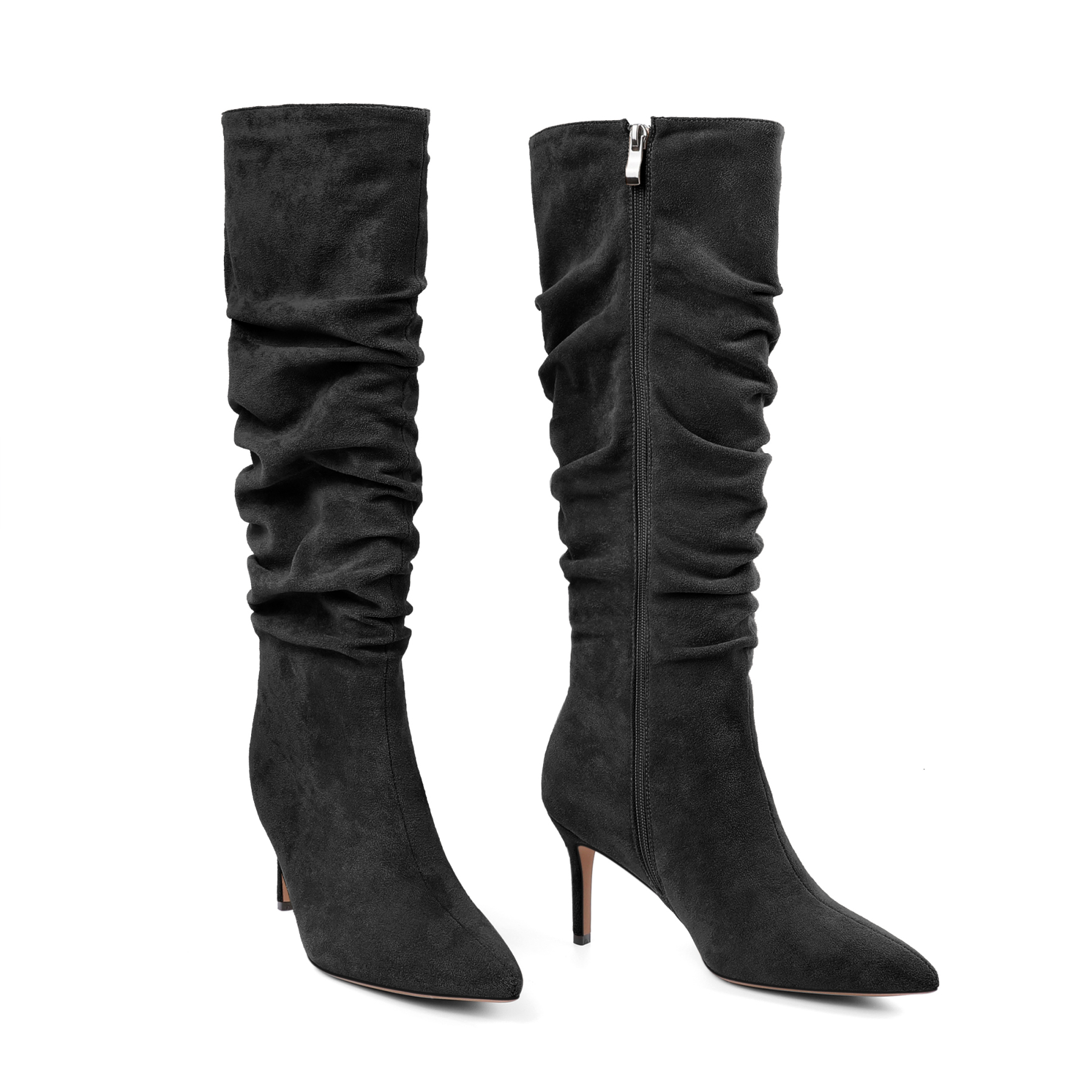 SAMMITOP Slouchy Knee High Boots Mid Calf Boots Kitten Heel Pointed Toe Pull On Long Boots 