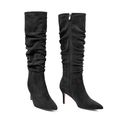 SAMMITOP Slouchy Knee High Boots Mid Calf Boots Kitten Heel Pointed Toe Pull On Long Boots 