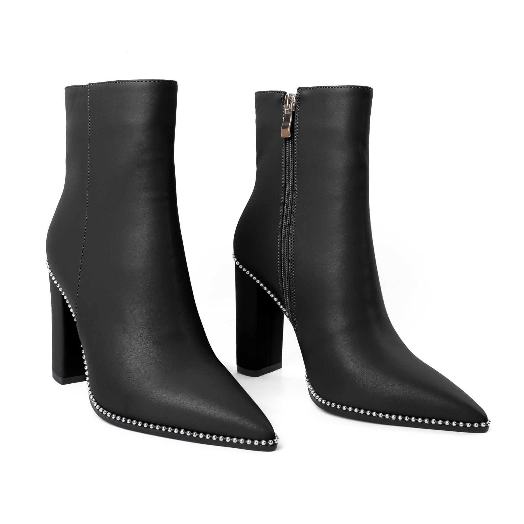 Side view of SAMMITOP beaded ankle boots showing pointed toe and side zipper
