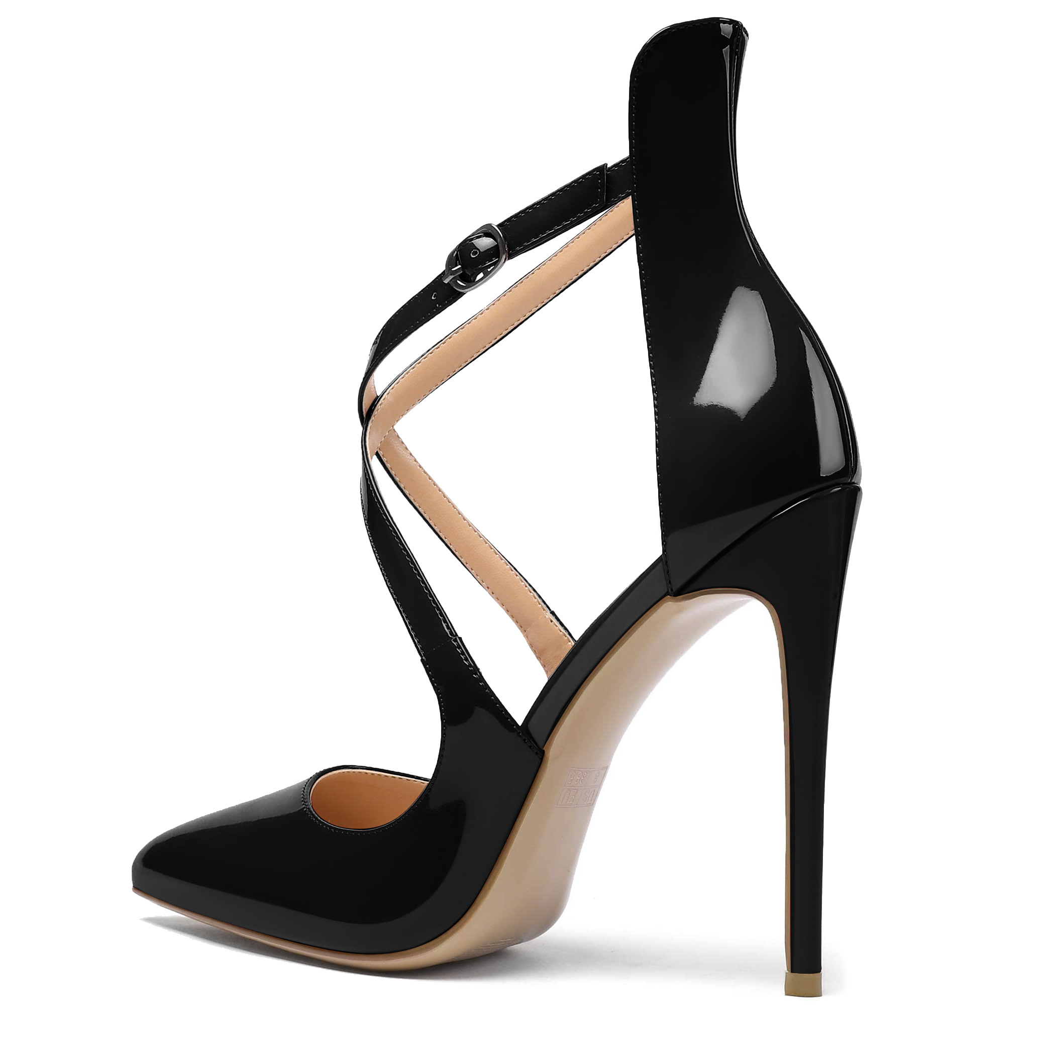 Side view of ankle strap and stiletto heel
