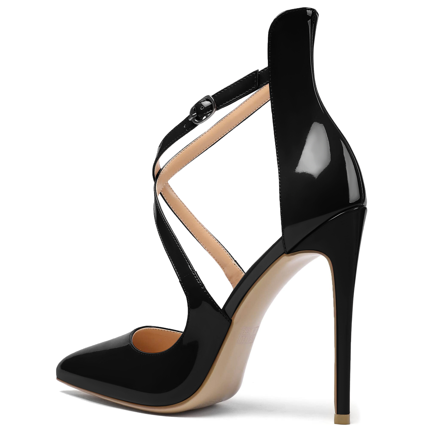 Side view of ankle strap and stiletto heel