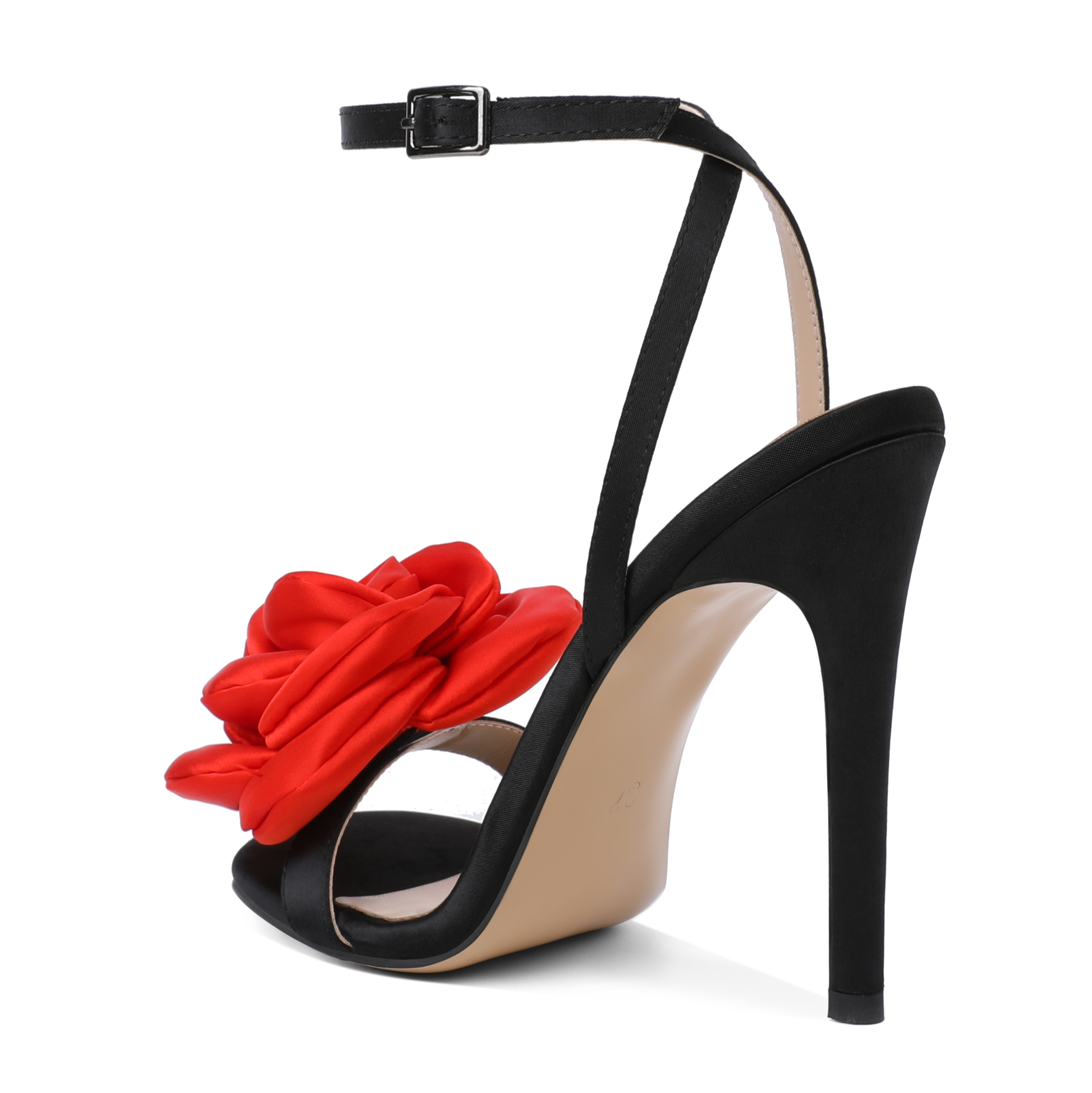 SAMMITOP Back heel view showing slim stiletto and buckle strap 3D Rose Stiletto Heels Ankle Strap Sandals 
