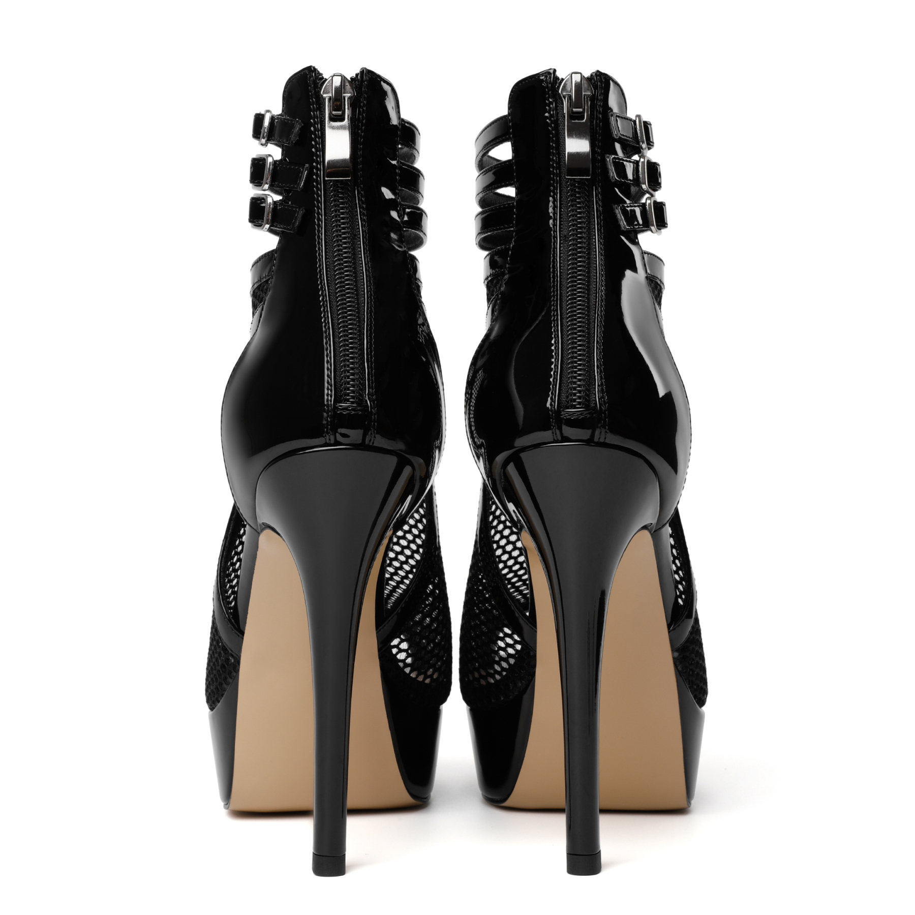 Rear zipper and heel structure shown clearly for SAMMITOP 5.5 Inch Mesh Peep Toe Platform Boot With Zipper