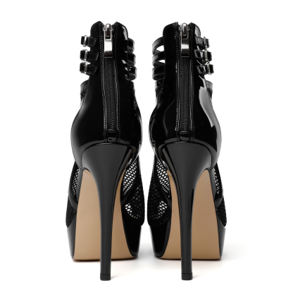 Rear zipper and heel structure shown clearly for SAMMITOP 5.5 Inch Mesh Peep Toe Platform Boot With Zipper