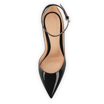 SAMMITOP 4 Inch Ankle Strap Pointed Toe Pumps Top View of Pointed Toe and Buckled Ankle Strap